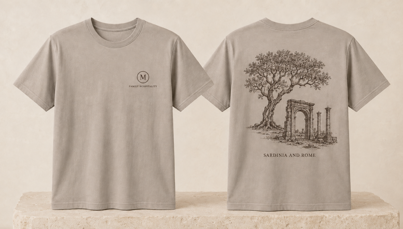 Taupe Mursi T-shirt with Family Hospitality on the front and a cork oak, Roman ruins and Sardinia and Rome on the back